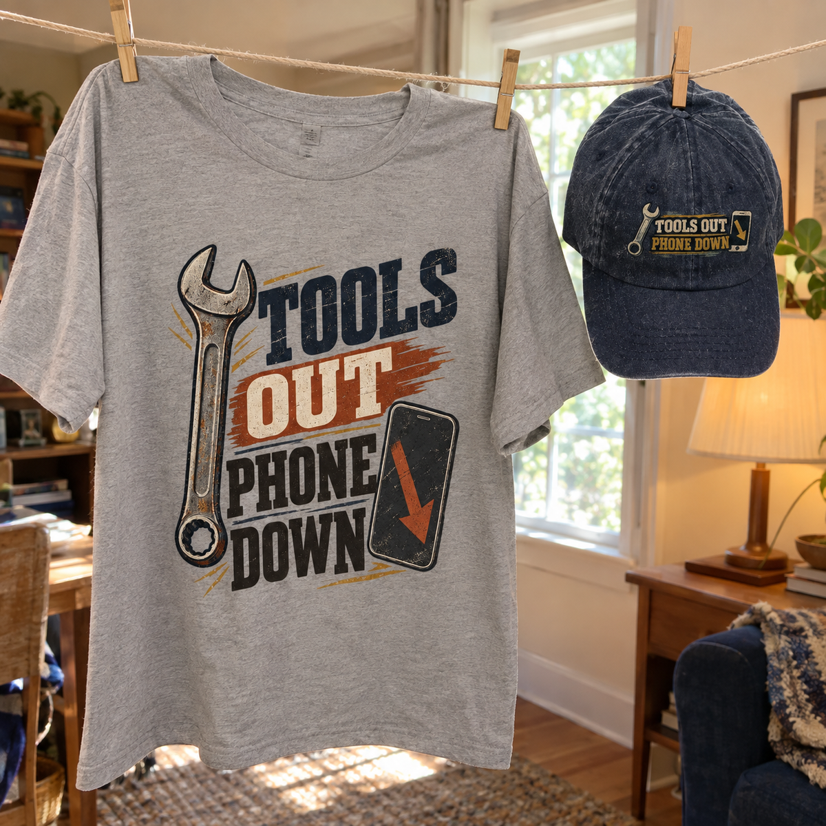 Matching set: Tools Out. Phone Down vintage washed cap and Tools Out. Phone Down vintage t-shirt