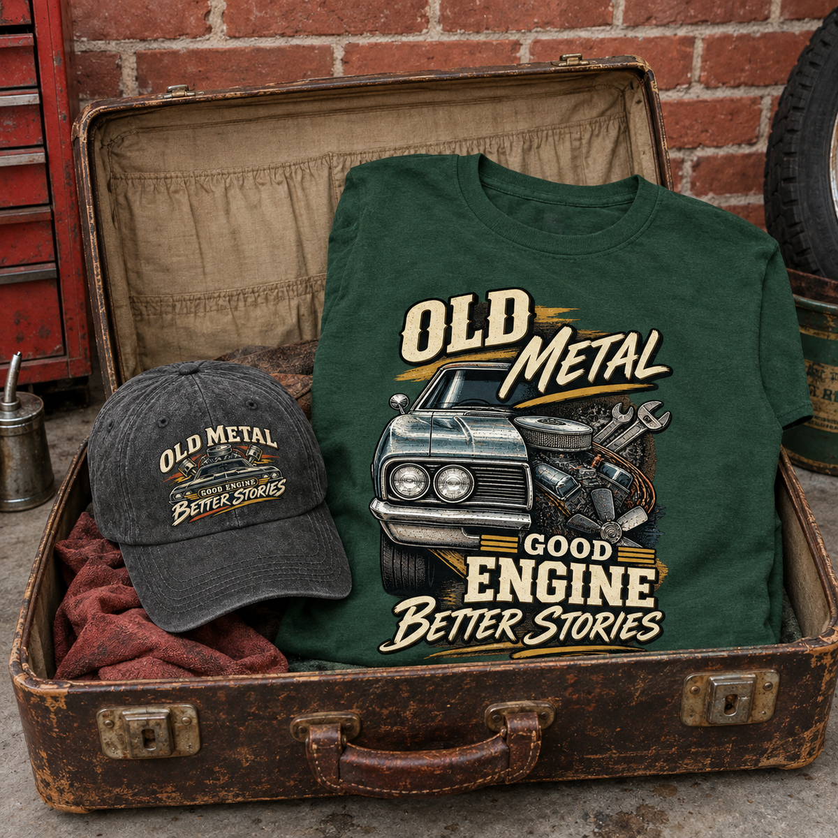 Matching set: Old Metal Good Engine Better Stories vintage washed cap and Old Metal Good Engine Better Stories vintage t-shir