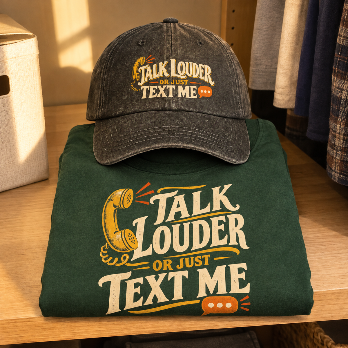 Matching set: Talk Louder Or Just Text Me vintage washed cap and Talk Louder Or Just Text Me vintage t-shirt