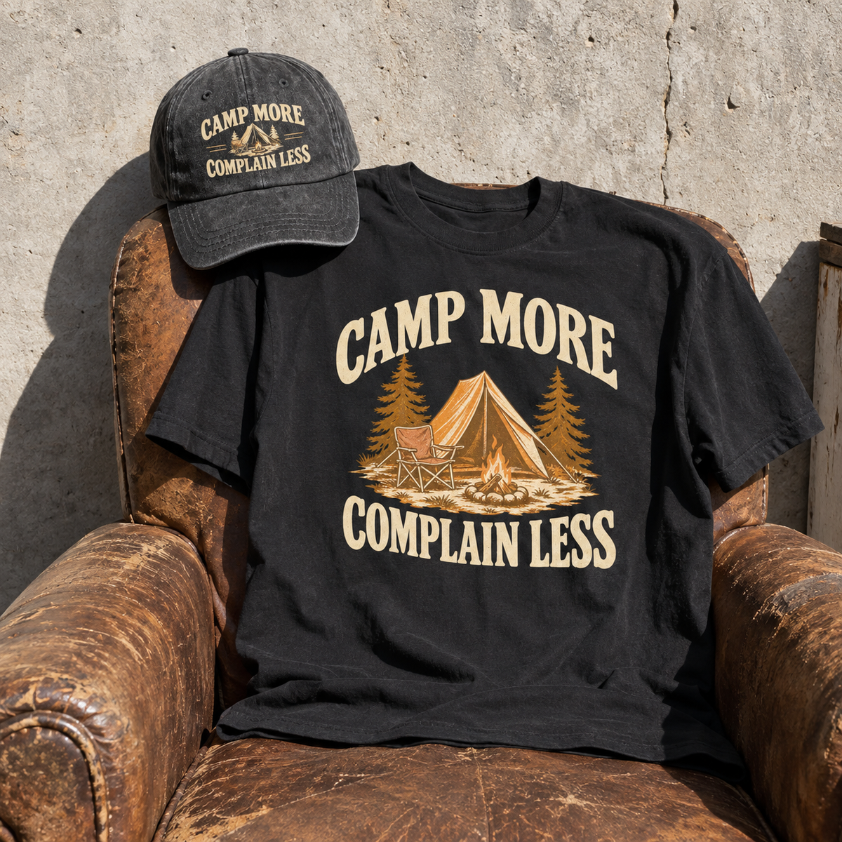 Matching set: Camp More. Complain Less vintage washed cap and Camp More. Complain Less vintage t-shirt