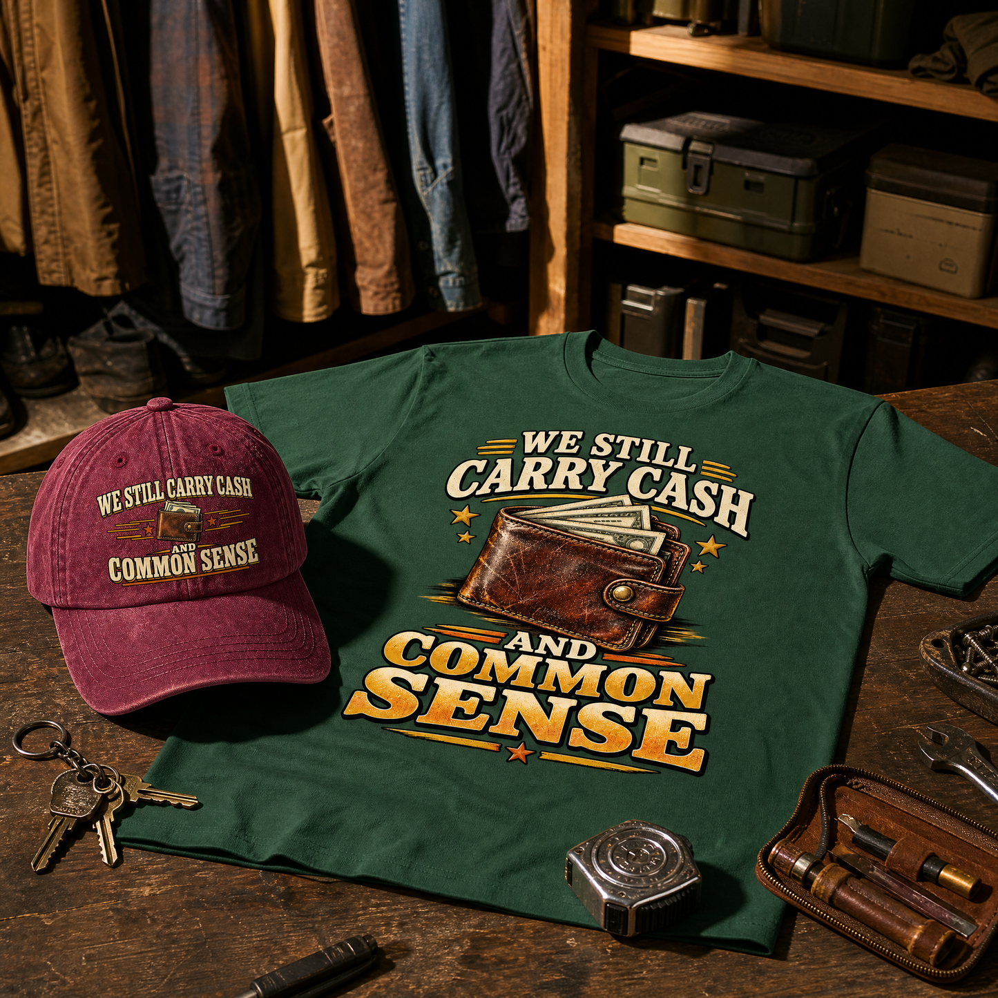 Matching set: We Still Carry Cash And Common Sense vintage washed cap and We Still Carry Cash And Common Sense vintage t-shir