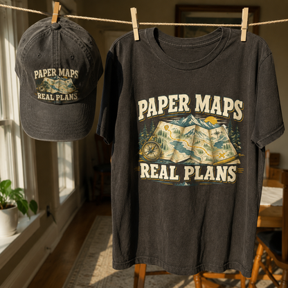 Matching set: Paper Maps. Real Plans vintage washed cap and Paper Maps. Real Plans vintage t-shirt