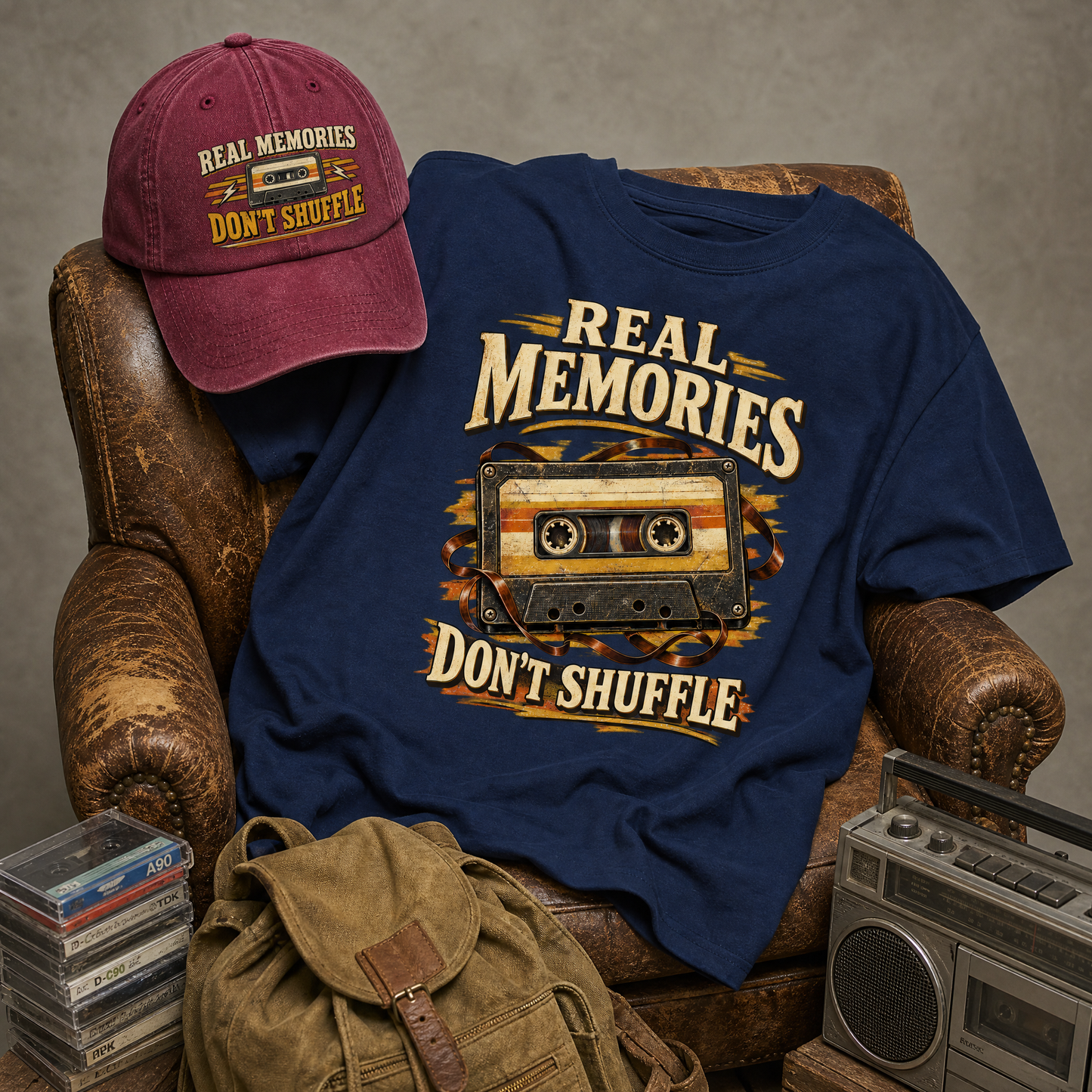 Matching set: Real Memories Don’t Shuffle vintage washed cap and Real Memories Don’t Shuffle vintage t-shirt