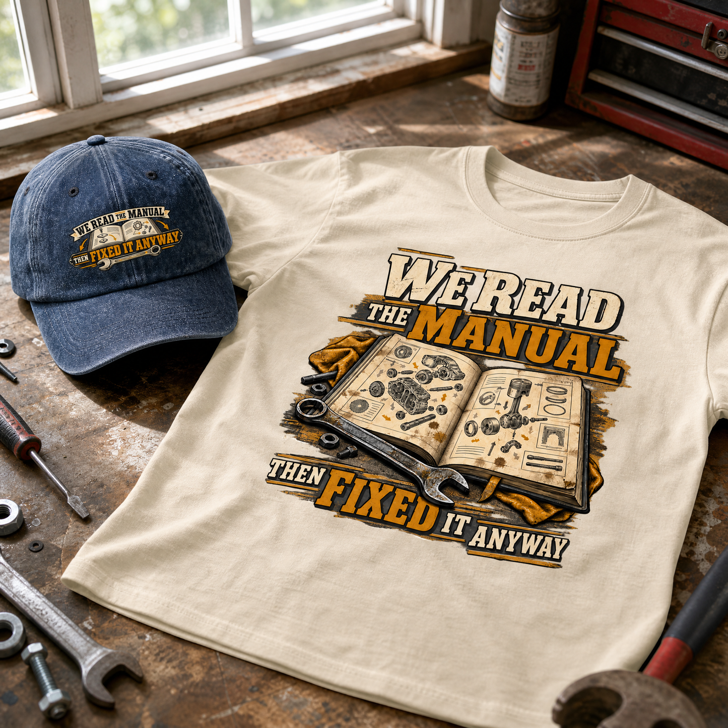 Matching set: We Read The Manual Then Fixed It Anyway vintage washed cap and We Read The Manual Then Fixed It Anyway vintage 