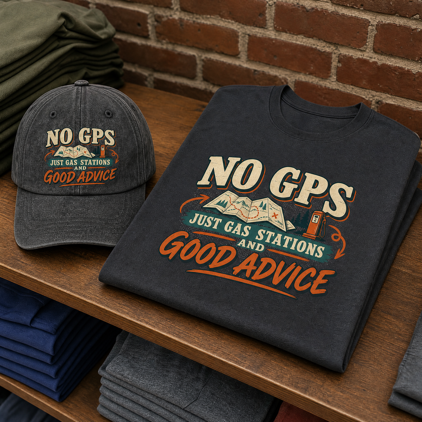 Matching set: No GPS Just Gas Stations And Good Advice vintage washed cap and No GPS Just Gas Stations And Good Advice vintag