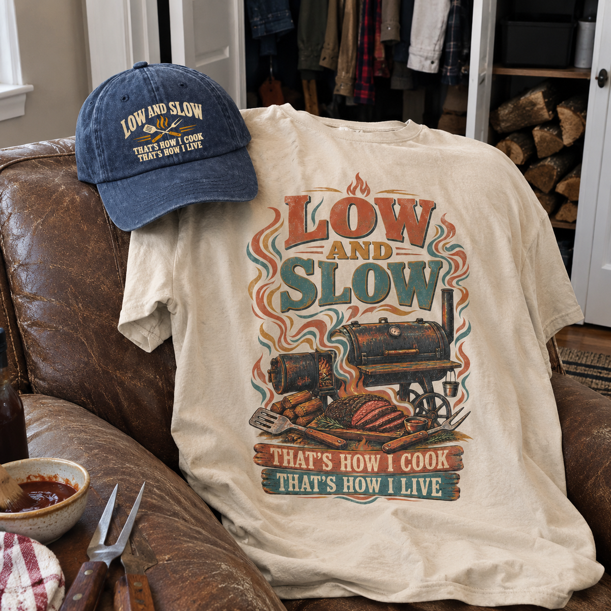 Matching set: Low And Slow That’s How I Cook That’s How I Live vintage washed cap and Low And Slow That’s How I Cook That’s H