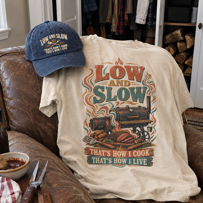Matching set: Low And Slow That’s How I Cook That’s How I Live vintage washed cap and Low And Slow That’s How I Cook That’s H