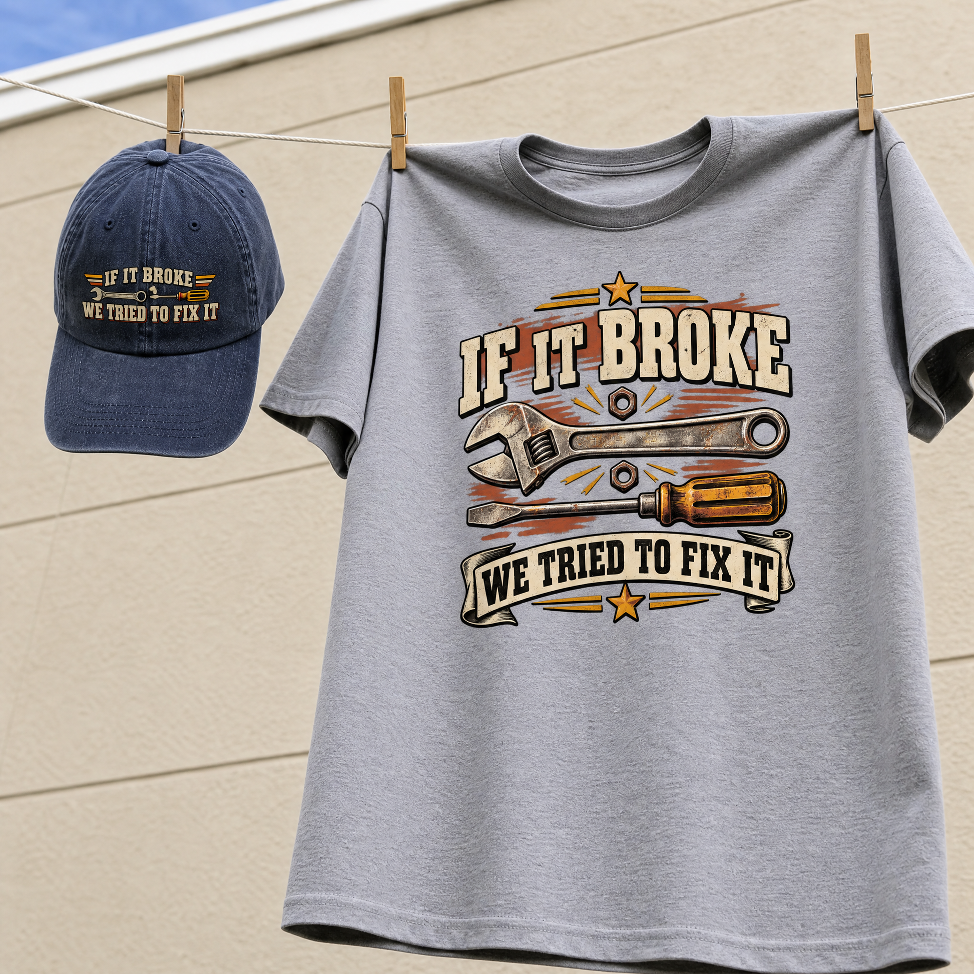 Matching set: If It Broke We Tried To Fix It vintage washed cap and If It Broke We Tried To Fix It vintage t-shirt