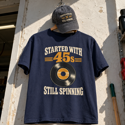 Matching set: Started With 45s Still Spinning vintage washed cap and Started With 45s Still Spinning vintage t-shirt