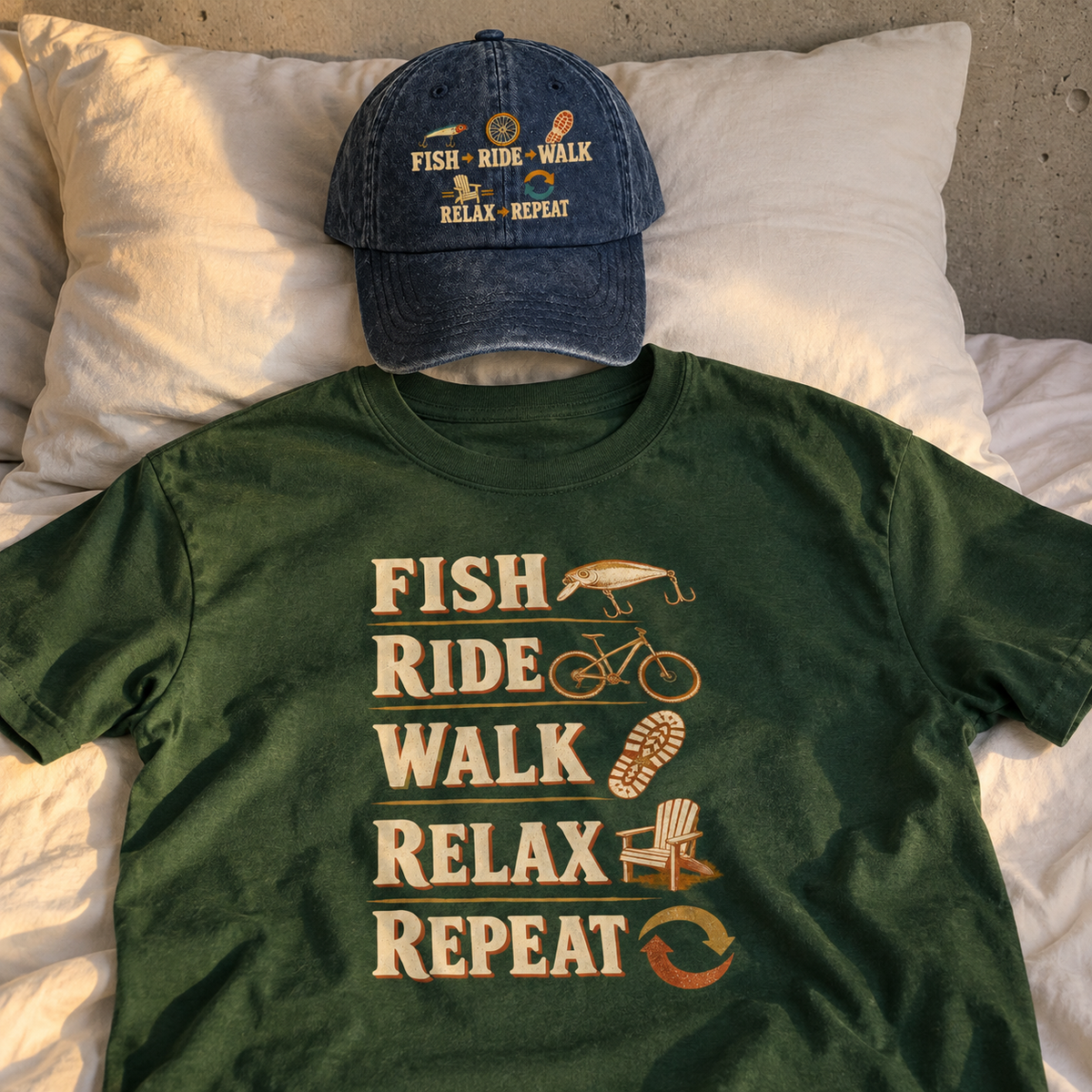 Matching set: Fish Ride Walk Relax Repeat vintage washed cap and Fish Ride Walk Relax Repeat vintage t-shirt