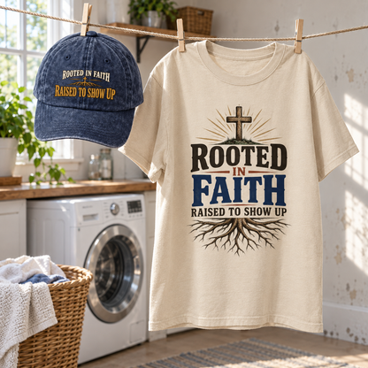 Matching set: Rooted In Faith Raised To Show Up vintage washed cap and Rooted In Faith Raised To Show Up vintage t-shirt