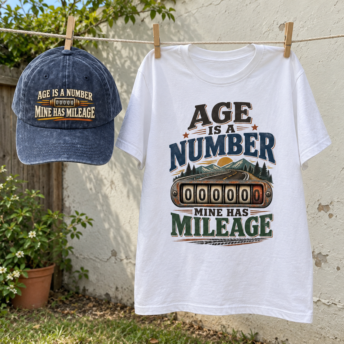 Matching set: Age Is A Number Mine Has Mileage vintage washed cap and Age Is A Number Mine Has Mileage vintage t-shirt