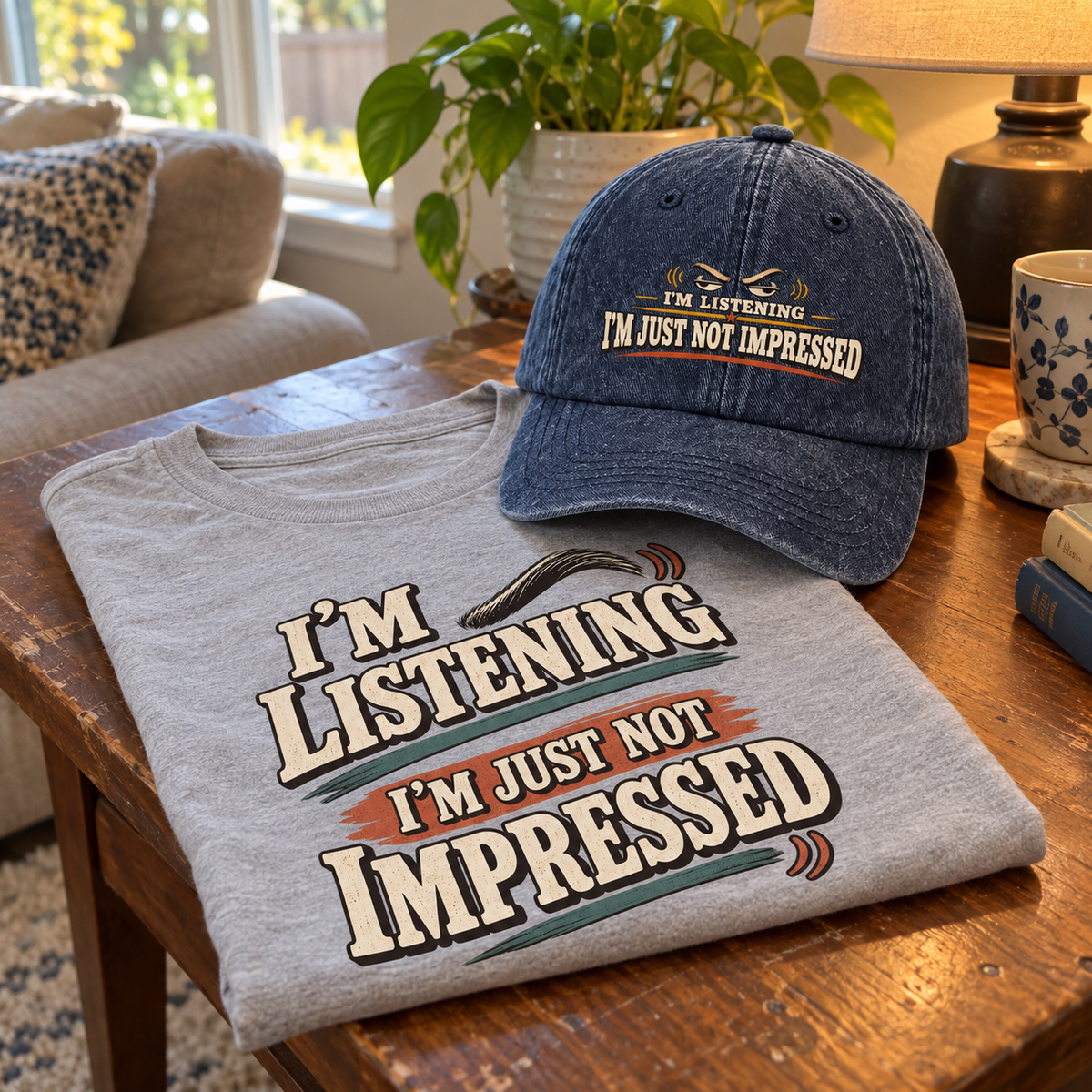 Matching set: I'm Listening I'm Just Not Impressed vintage washed cap and I'm Listening I'm Just Not Impressed vintage t-shir