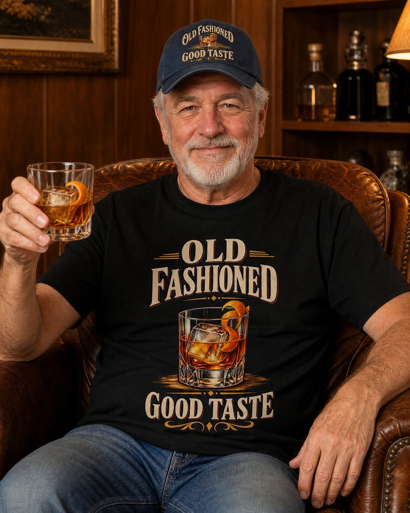 Man in the Old Fashioned Good Taste black tee and navy cap raising an Old Fashioned from his leather armchair