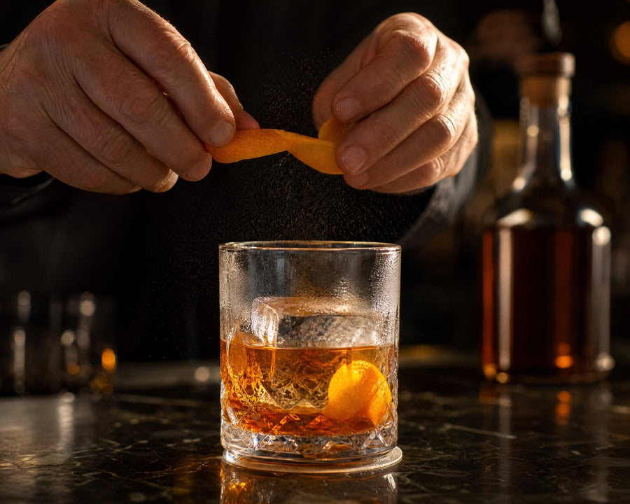 An orange peel twisted over an Old Fashioned, a mist of citrus oil in the light