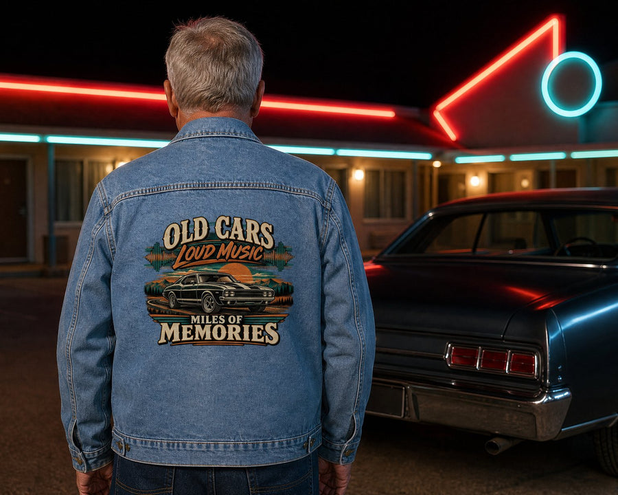 Man seen from behind in the denim jacket beside his classic car at a motel at night