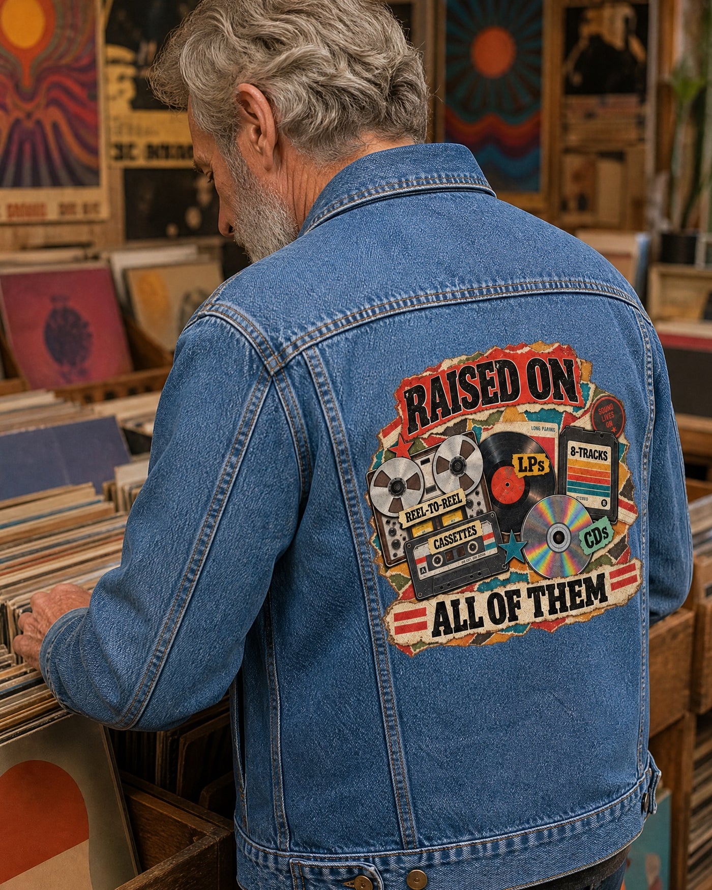 Man seen from behind in the Raised On All Of Them denim jacket, flipping through records