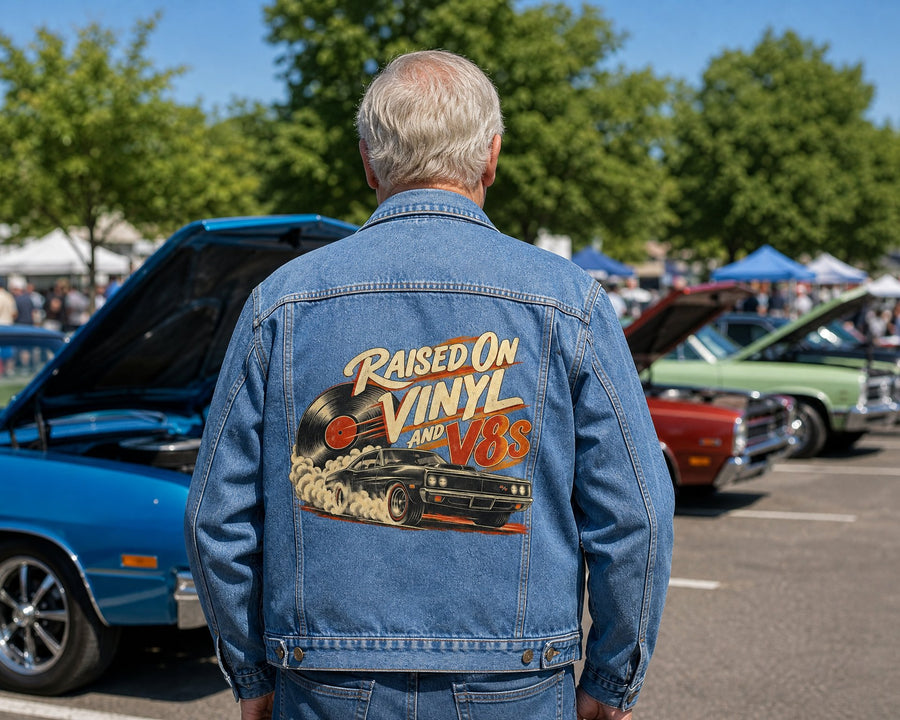 Man in the denim jacket at a classic car show, the design printed large on the back