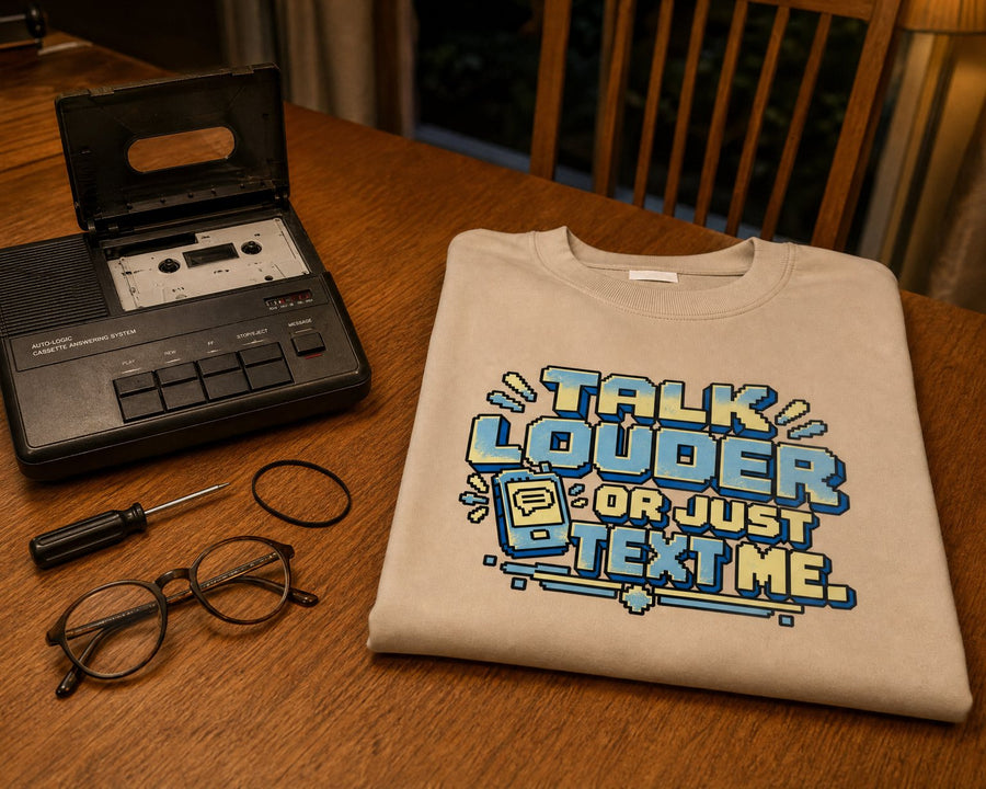 An old answering machine open on a dining table beside the sand sweatshirt